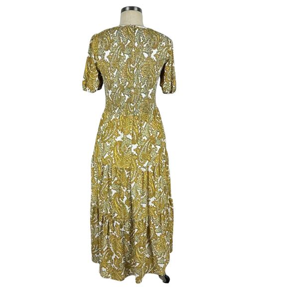 MK MICHAEL KORS Yellow Piasley Patterned Smocked Saffron Midi Dress Women's Med - Picture 3 of 9